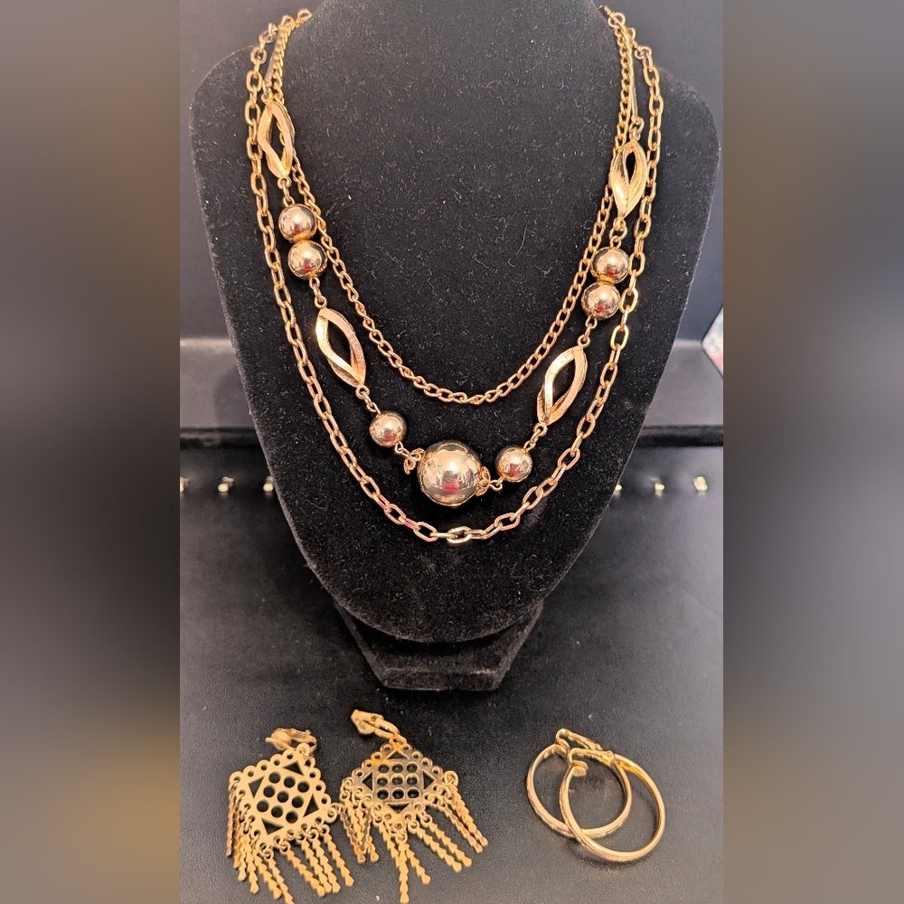 Elegant Gold Tone Necklace and 2 Earring Sets - Clip-on.